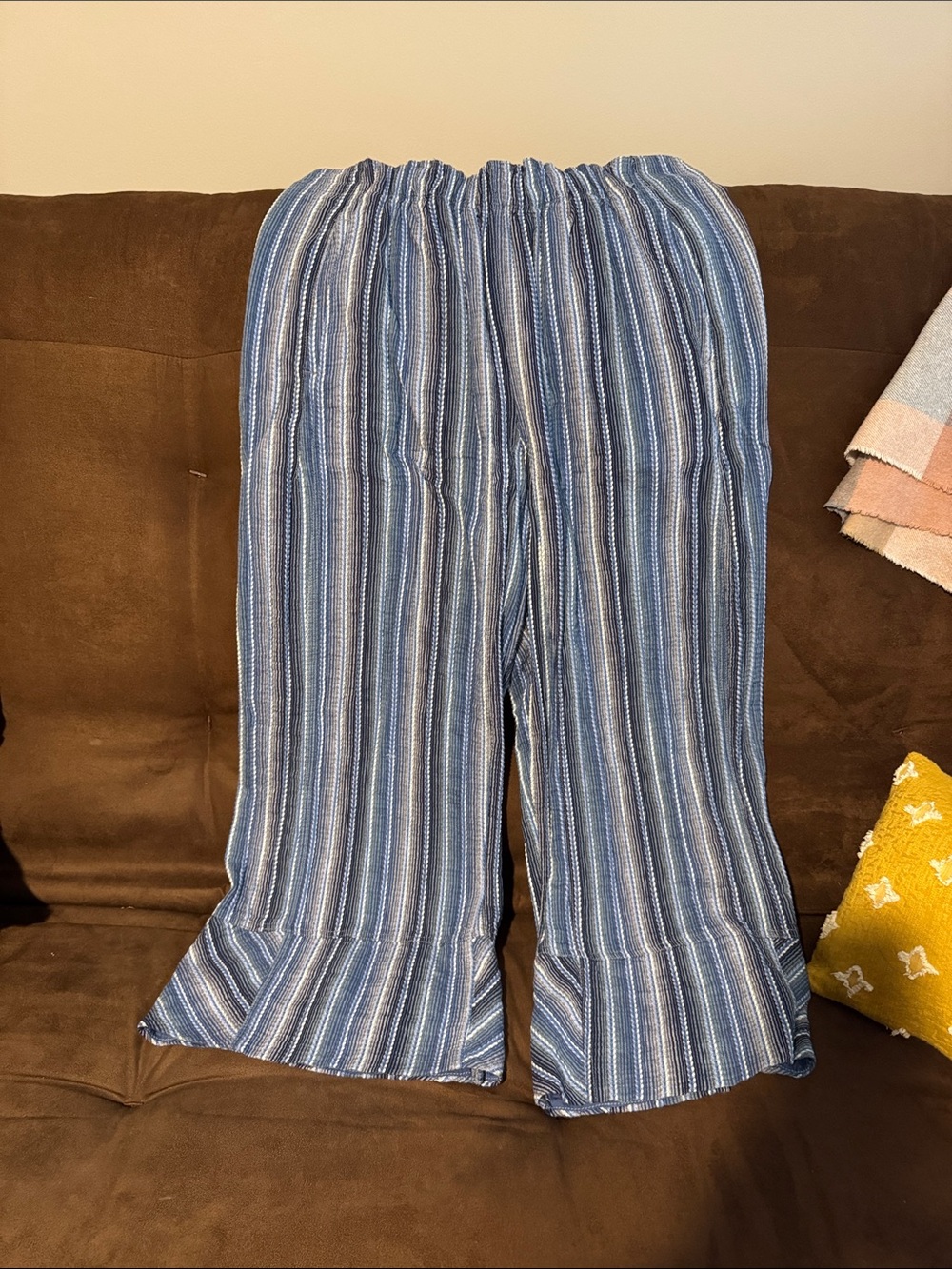 Free People Blue Striped Wide Leg Ruffle Hem Pants